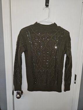 White House Black Market Olive Cable Knit Mock Neck Sweater With Crystal Embelli